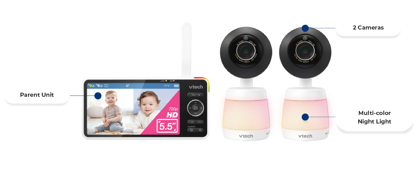 2 Cameras, Multi-Color Night Light, 2 Baby Units, 1 Parent unit
